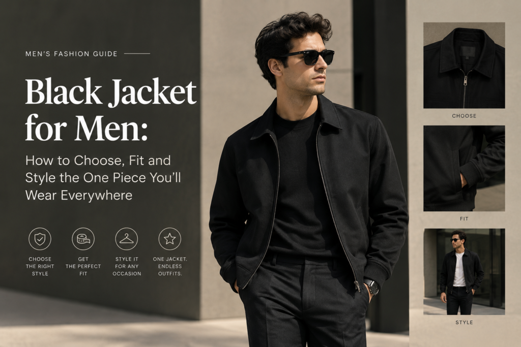 Man wearing a black jacket for men with a white tee and straight-fit denim