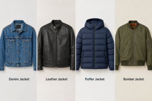 Four types of black jacket for men: bomber, leather, Harrington and wool overcoat