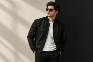 Man wearing a black jacket for men with a white tee and straight-fit denim
