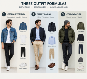 How to style a black jacket for men with denim, cargo pants and a shirt